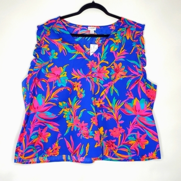 J. Crew Sleeveless Ruffle Top Size 3X Floral V-Neck Popover Spring Blouse NEW - Picture 2 of 13